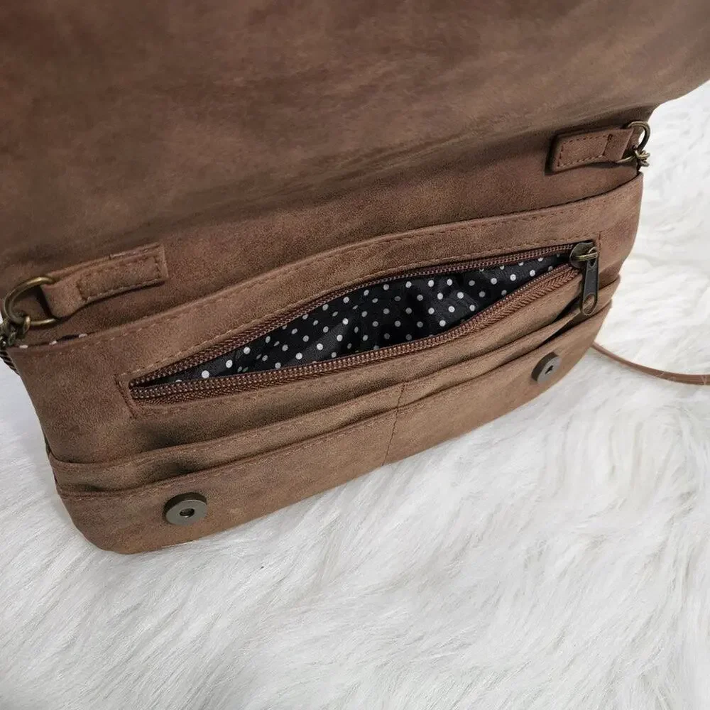 Light Brown Faux Leather Crossbody Purse with Metal‎ Owl Design